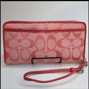 Coach Y2K Signature Pink Canvas Patent Leather Zip Arounf Wristlet Wallet